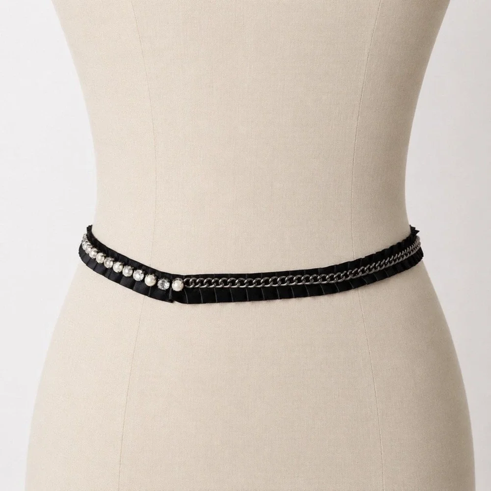 Y2k Vintage grossgrain ribbon belt black with pearl chain rhinestones
